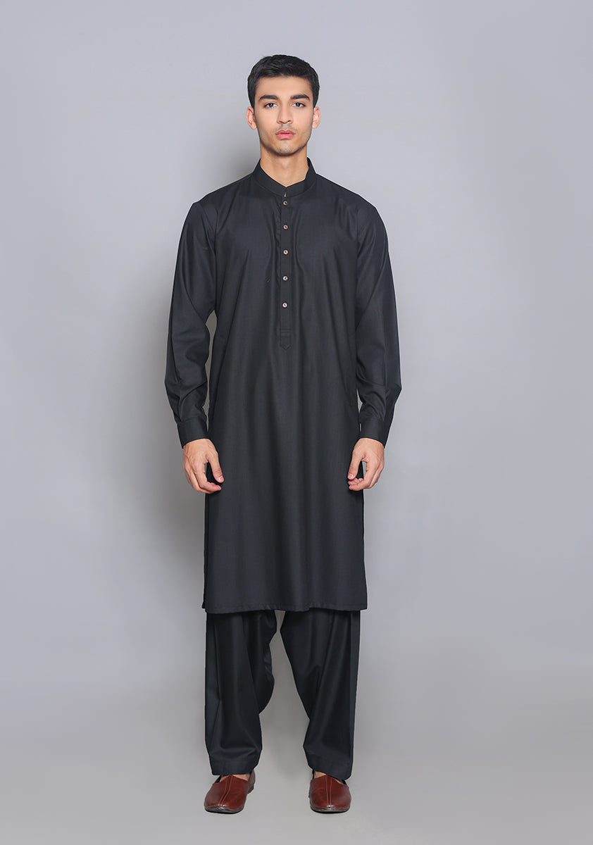 Pakistani Menswear | Amir Adnan - Basic Poly Viscose Pirat Black Slim Fit Plain Suit