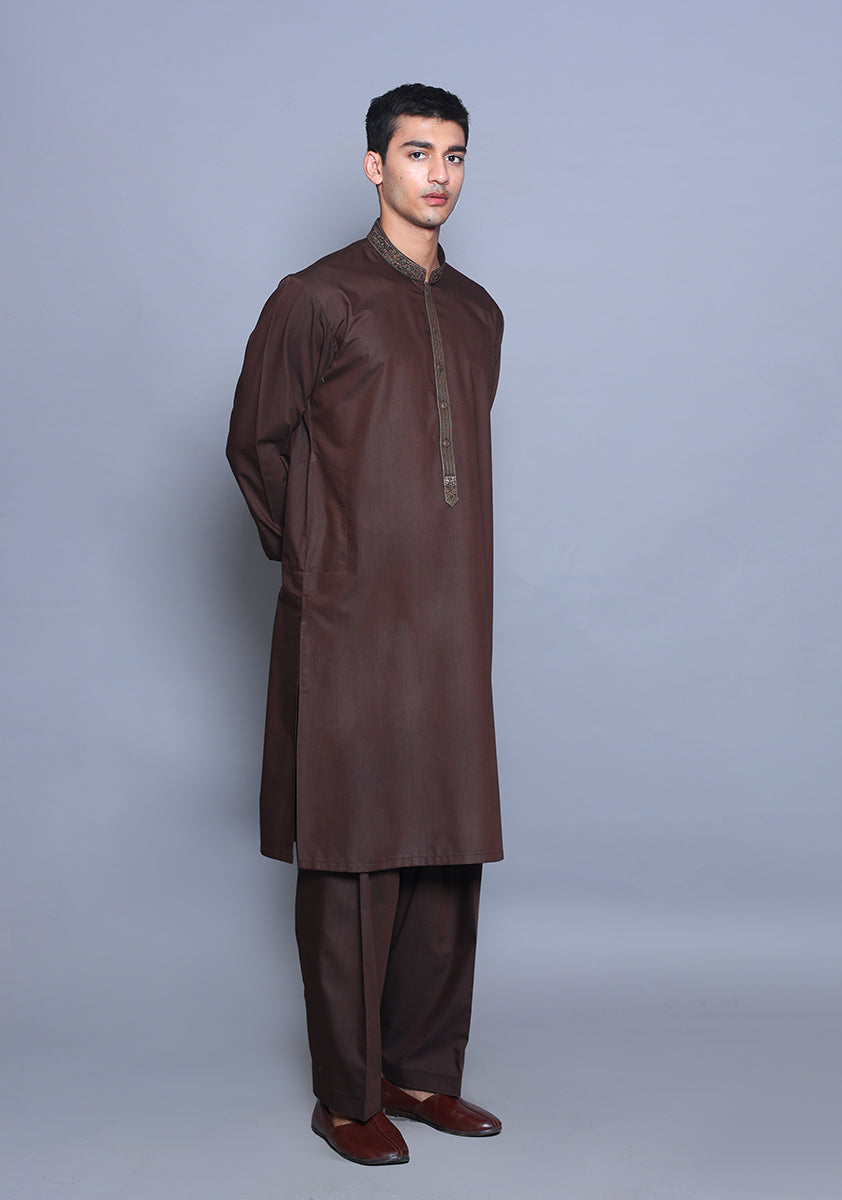 Pakistani Menswear | Amir Adnan - Basic Poly Viscose Wren Classic Fit Embroidered Suit