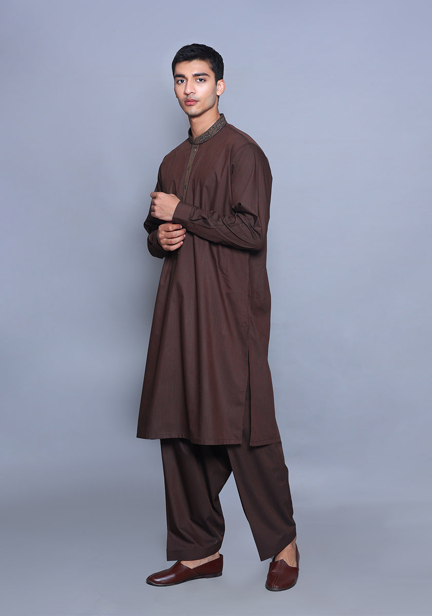 Pakistani Menswear | Amir Adnan - Basic Poly Viscose Wren Classic Fit Embroidered Suit