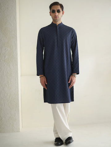 Pakistani Menswear | Ismail Farid - BLUE EMBROIDERED KURTA