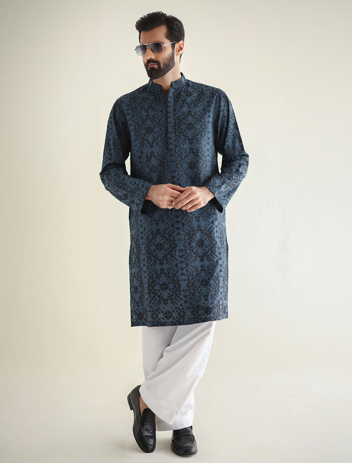 Pakistani Menswear | Ismail Farid - BLUE EMBROIDERED KURTA