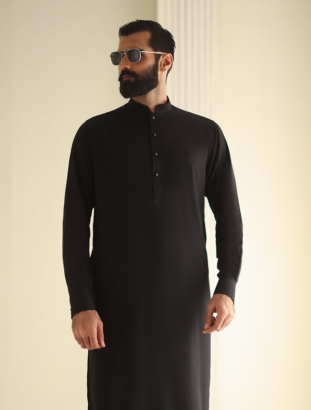 Pakistani Menswear | Ismail Farid - BLACK MANDARIN COLLAR KAMEEZ SHALWAR
