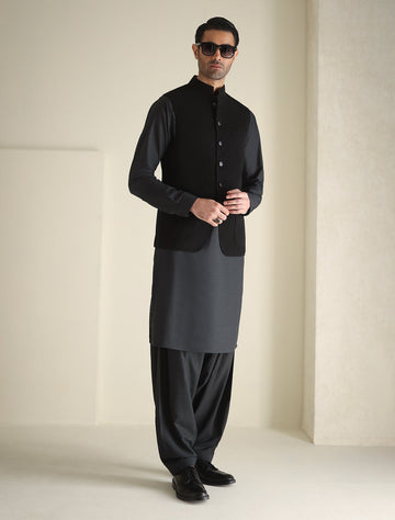 Pakistani Menswear | Ismail Farid - THE VERY DARK BLACK WAISTCOAT
