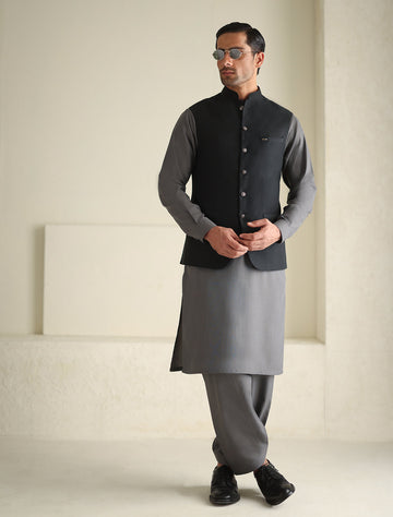 Pakistani Menswear | Ismail Farid - BLACK TEXTURED WAISTCOAT
