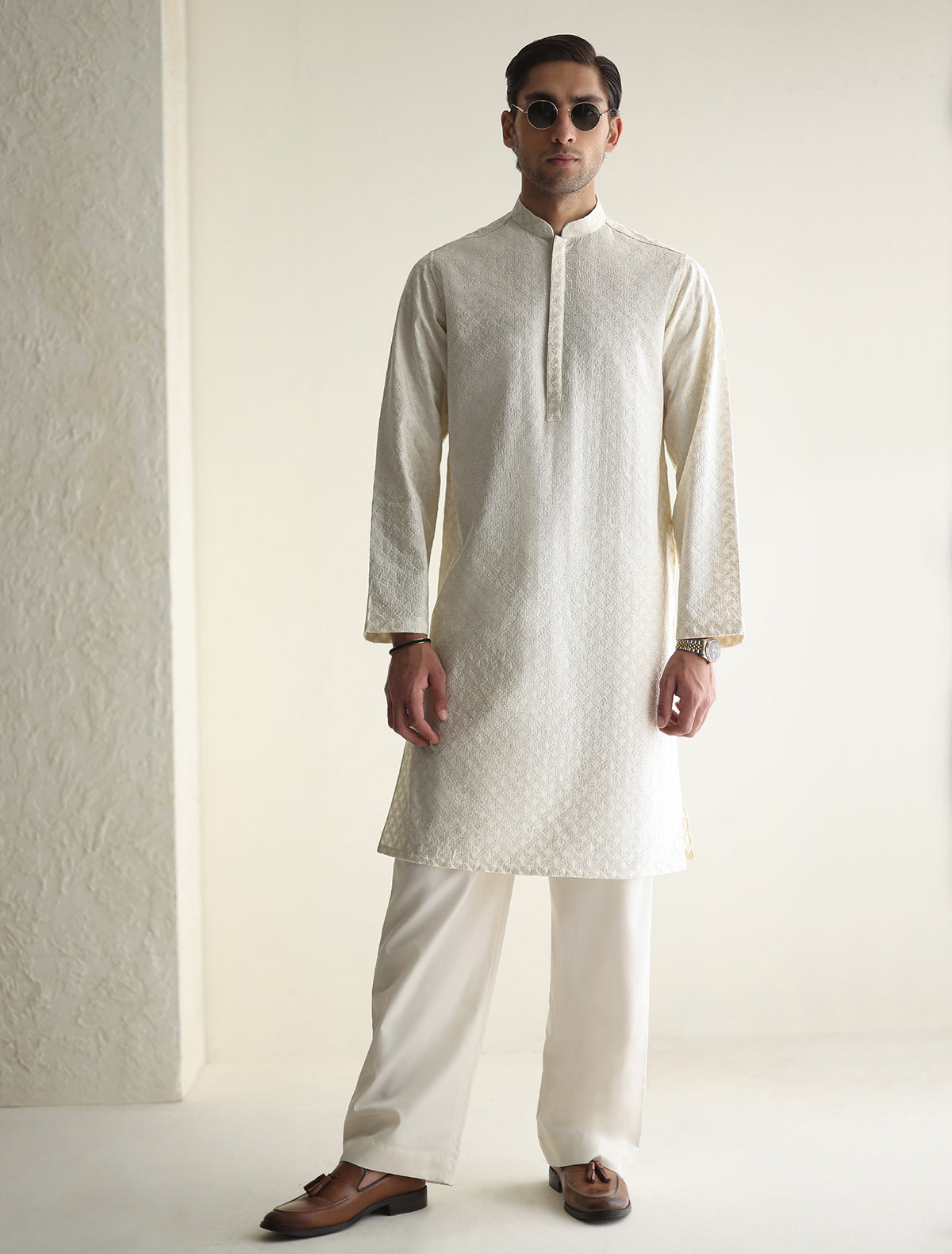 Pakistani Menswear | Ismail Farid - OFF-WHITE EMBROIDERED KURTA