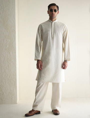 Pakistani Menswear | Ismail Farid - OFF-WHITE EMBROIDERED KURTA