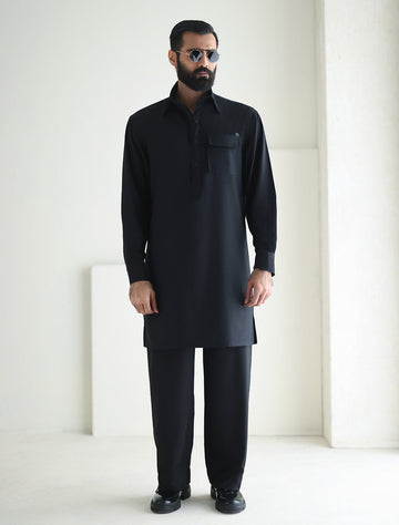Pakistani Menswear | Ismail Farid - BLACK DESIGNER KURTA PAJAMA