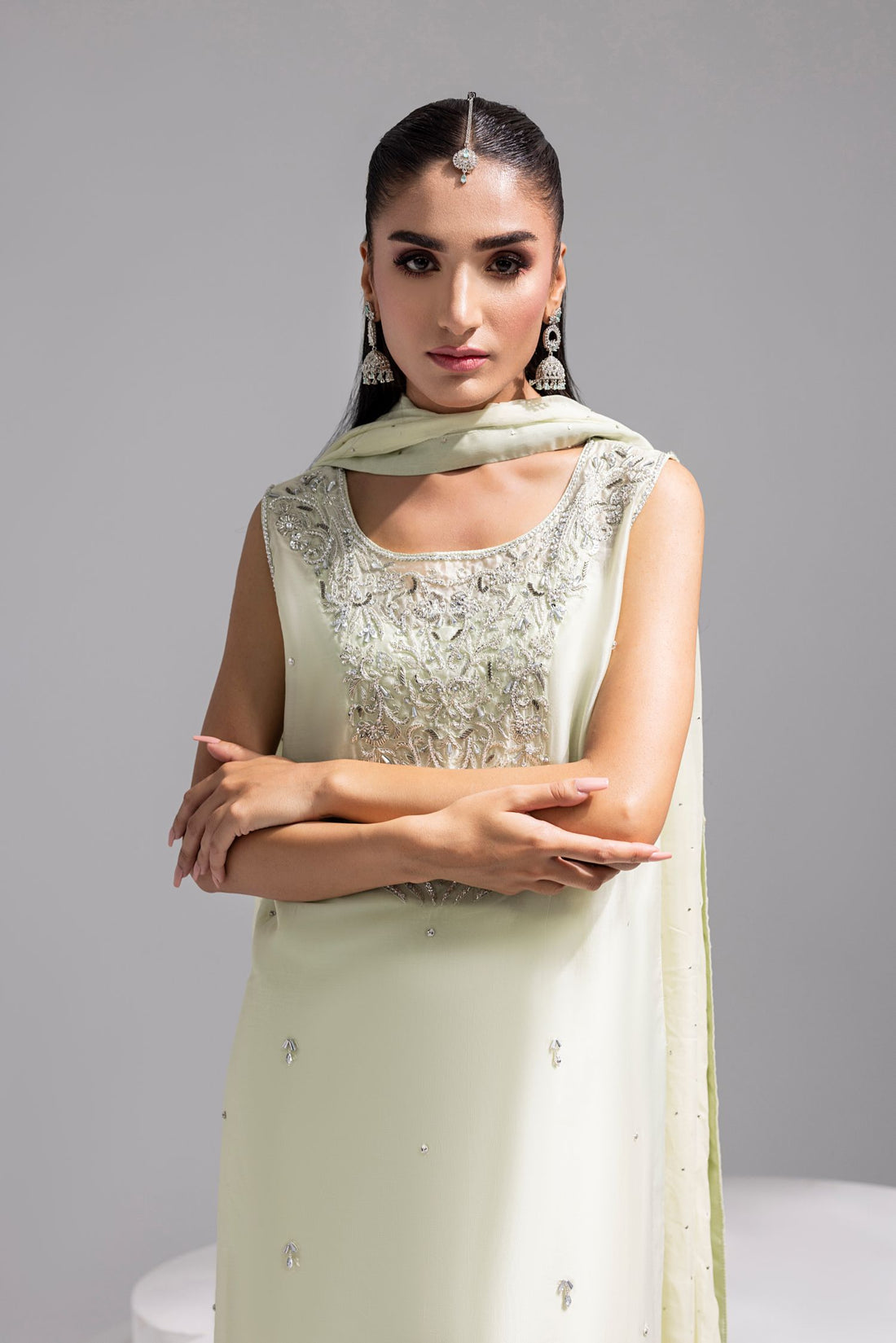 Amani | Aira Festive Wear | SOLEA â Hand Embroidered Mint Butter Silk Shirt with Viscose Pants & Mukesh Dupatta