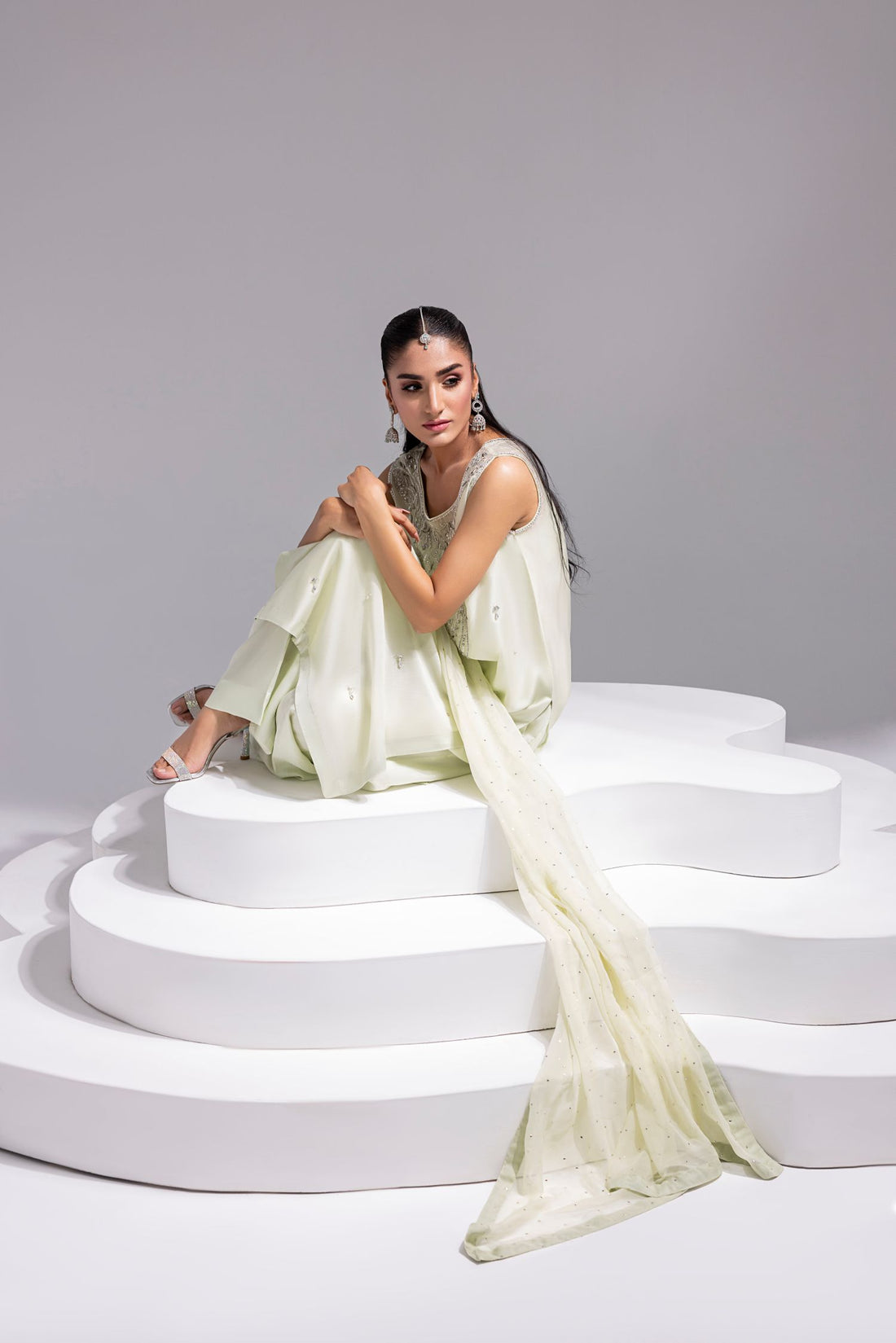 Amani | Aira Festive Wear | SOLEA â Hand Embroidered Mint Butter Silk Shirt with Viscose Pants & Mukesh Dupatta